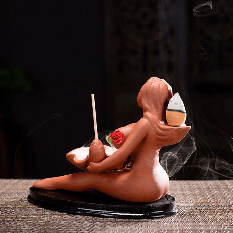 Beauty Maid Red Porcelain Ceramic Backflow Incense Burner